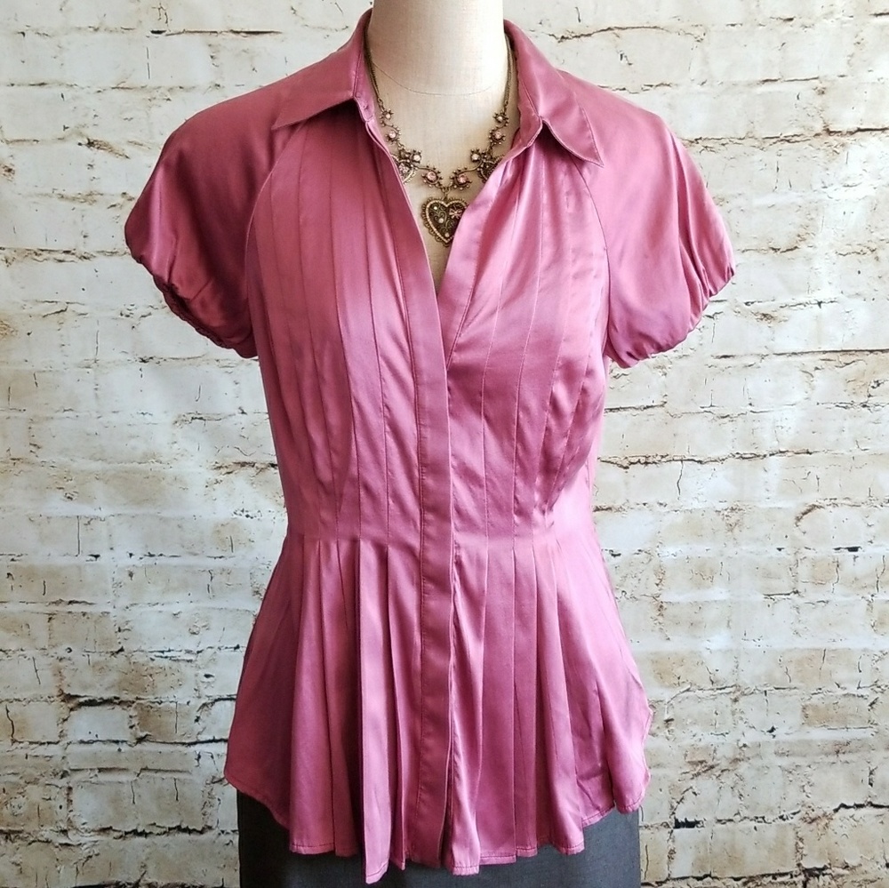 BCBG |🏵Silk Pleated Fitted Blouse